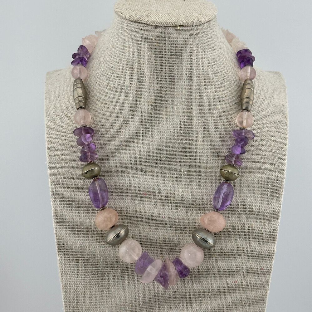 Vintage Amethyst Quartz & Silver Tone Beads Necklace Purple White Pale Rose 17"